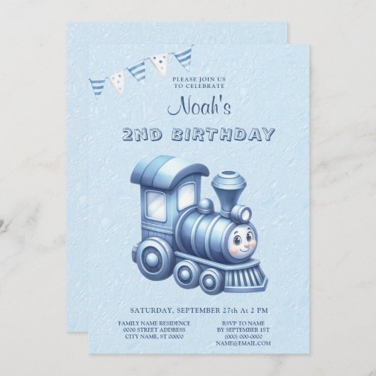 Train bleu Invitation fête d'anniversaire (Devant / Derrière)