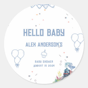 Train Blue Balloons Boy Whimsical Baby shower Ronde Sticker