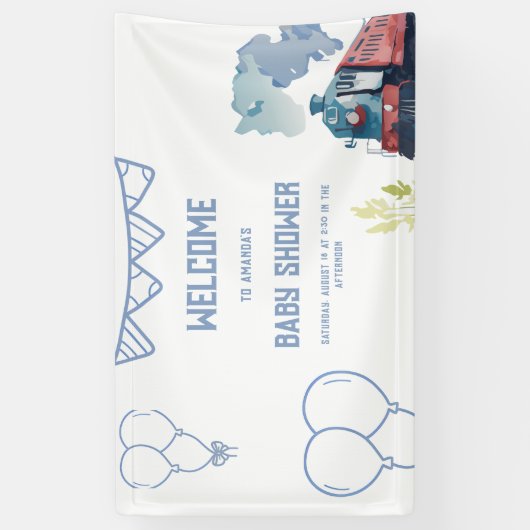 Train Blue Balloons Boy Whimsical Baby shower Spandoek (Verticaal)