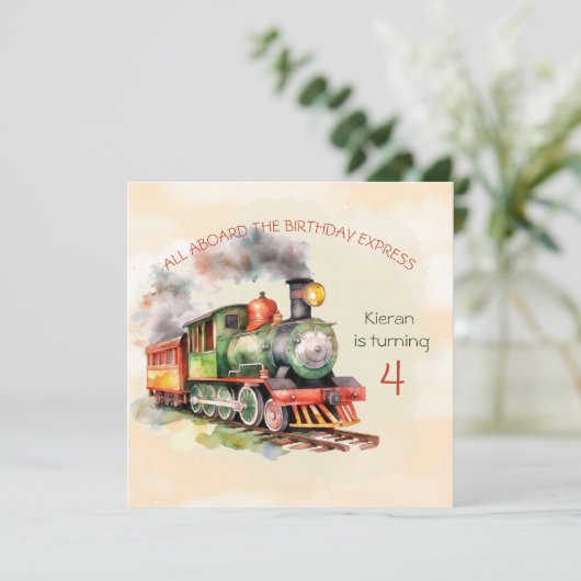 Train Engine Boy 4th Birthday Invitation (Debout devant)