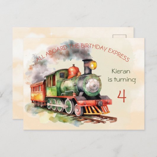 Train Engine Boy 4th Birthday Invitation briefkaar Uitnodiging Briefkaart (Voorkant / Achterkant)