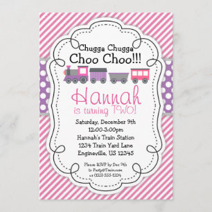 Train Engine Roze Stripe Paarse Polka Dot Birthday Kaart