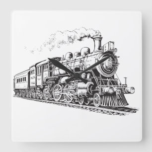 Train  Grafisch Ontwerp Schets Retro Stoom Vierkante Klok