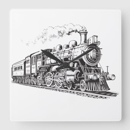 Train  Grafisch Ontwerp Schets Retro Stoom Vierkante Klok (Voorkant)