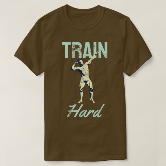 Train Hard Motivation Retro Gym Strongman T-shirt (Design voorkant)
