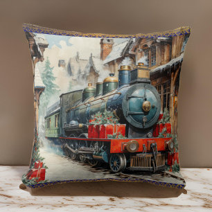 Train Holly de Noël Coussin à neige d'hiver