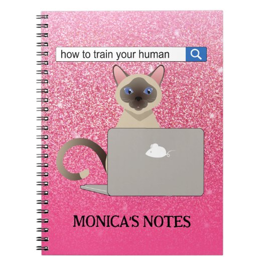 Train je menselijke grappige siamese kat roze glit notitieboek (Voorkant)
