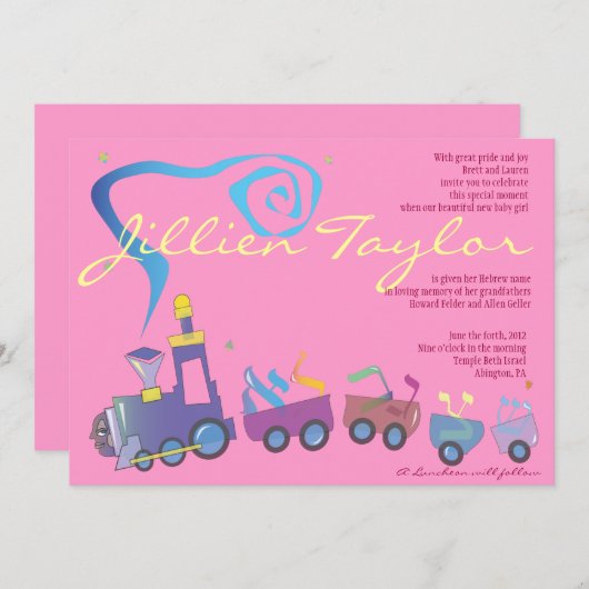 Train joodse Baby Noaming Uitnodiging Hebreeuwse M (Voorkant / Achterkant)