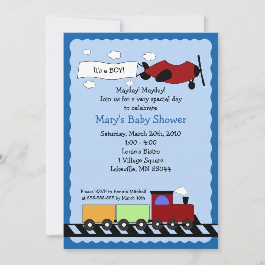 Train & Plane, 5x7 baby shower-uitnodiging Kaart (Voorkant)