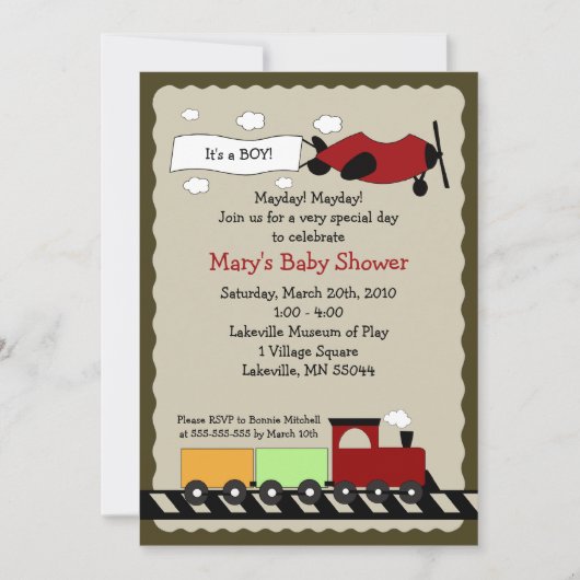 Train & Plane 5x7 mignon invitation Baby shower ga (Devant)
