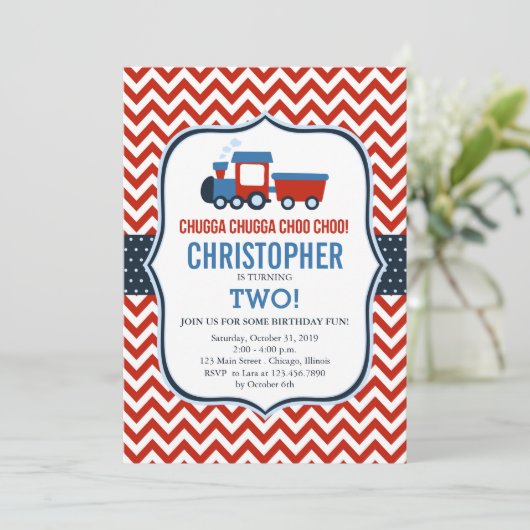 Train Rouge et Bleu Invitation de fête d'anniversa (Debout devant)