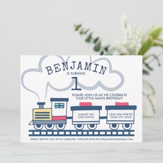 Train Theme Boy Birthday Party Invitation Kaart (Staand voorkant)