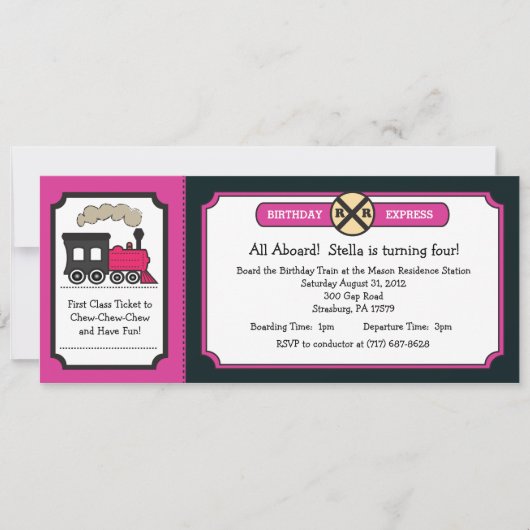 Train Ticket Birthday Party - Roze and Back Kaart (Voorkant)