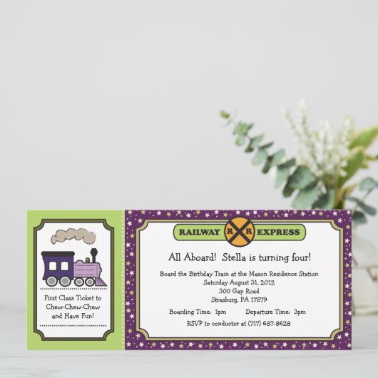 Train Ticket Invite - Paars en groen Kaart (Staand voorkant)