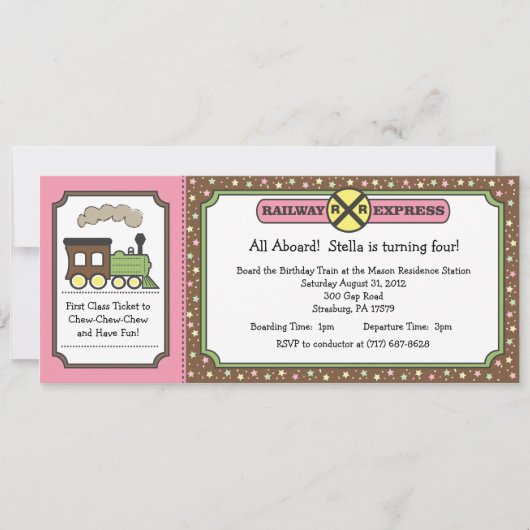Train Ticket Invite - Roze & bruin Kaart (Voorkant)