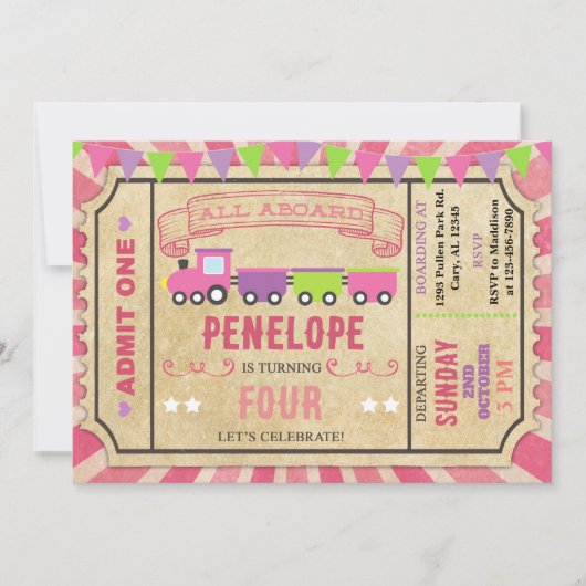 Train ticket meisje verjaardagsuitnodiging. kaart (Voorkant)
