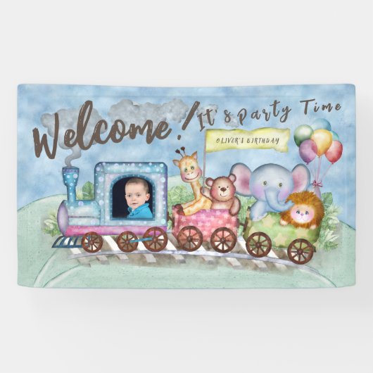 Train Verjaardag Foto waterverf Spandoek (Horizontaal)