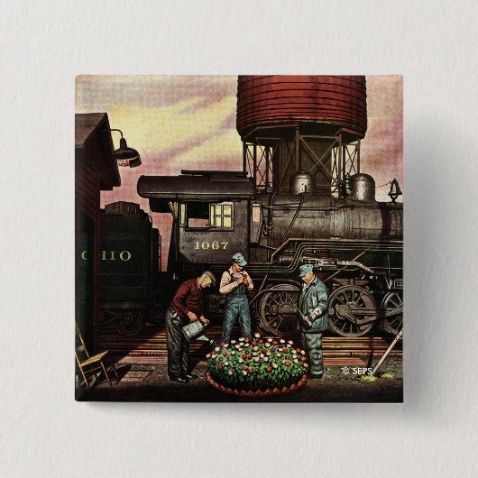 Train Yard Flower Garden van Stevan Dohanos Vierkante Button 5,1 Cm (Voorkant)