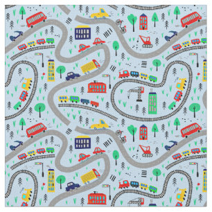 Trains Cars Bus Road Railroad Track on bleek blauw Stof