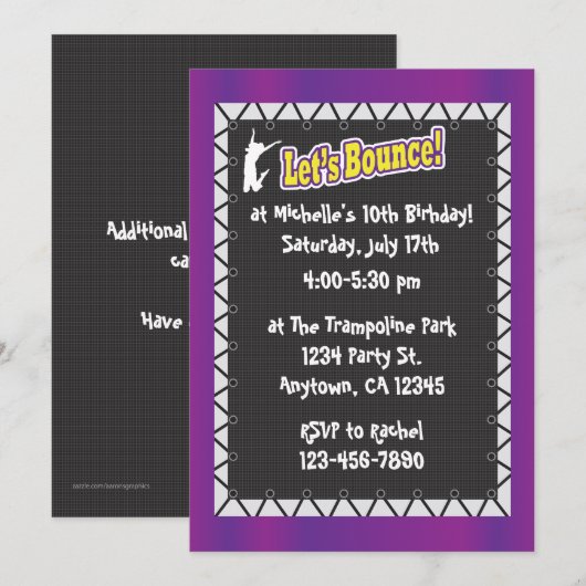 Trampoline Anniversaire Invitation Violet (Devant / Derrière)