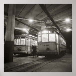 Trams bij het station, 1943. Oude foto Poster