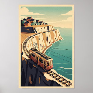 Tramway sur la falaise et affiche de voyage vintag
