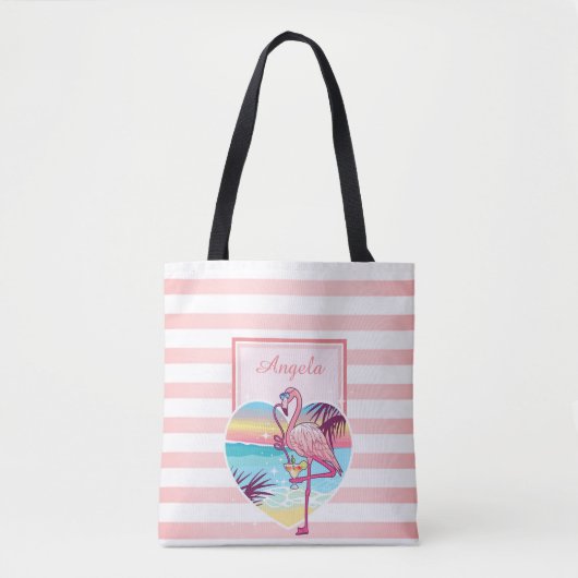 Trandy Striped, Flamingo, Cocktail - Personalized Draagtas (Voorkant)