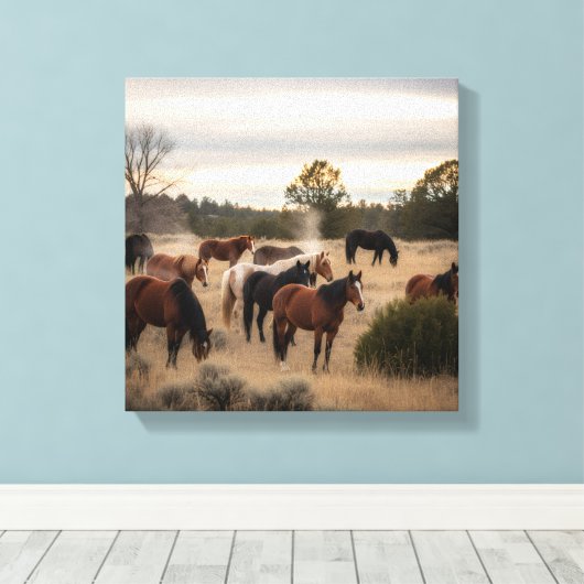 Tranquil Herd at Dusk – Peaceful Horse Pasture Canvas Afdruk (Insitu (Houten vloer))