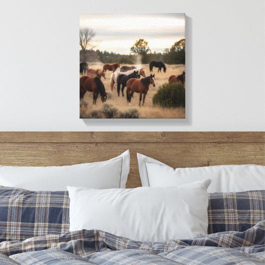Tranquil Herd at Dusk – Peaceful Horse Pasture Canvas Afdruk (Insitu (Slaapkamer))