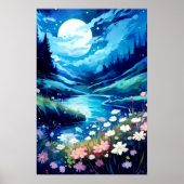Tranquil maan nacht bloemenstroom landschap | AI Poster (Voorkant)
