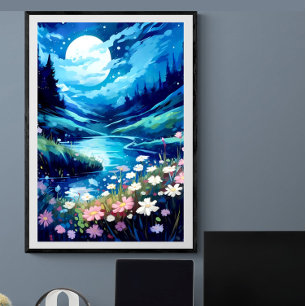 Tranquil maan nacht bloemenstroom landschap AI Poster