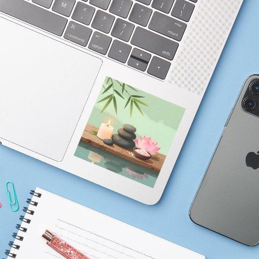 Tranquil Reflection - Square Vinyl  Sticker (Laptop met iPhone)