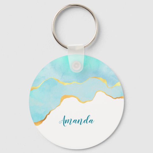 Tranquil Tropisch Groen Blauw met Gold Border Sleutelhanger (Voorkant)