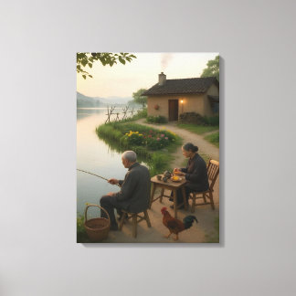 Tranquil Village Morning by the Lake Wall Art Canvas Afdruk