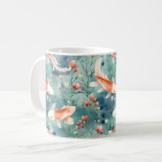 Tranquil Waters: Waterverf Koi Vis Patroon Koffiemok (Voorkant links)