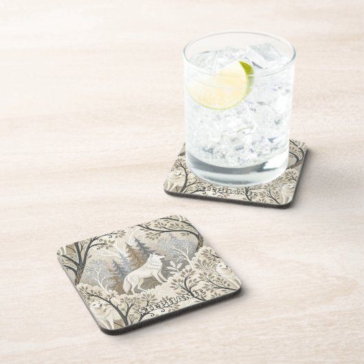 Tranquil Winter Forest Scene with White Wolves Bier Onderzetter (Rechterzijde)