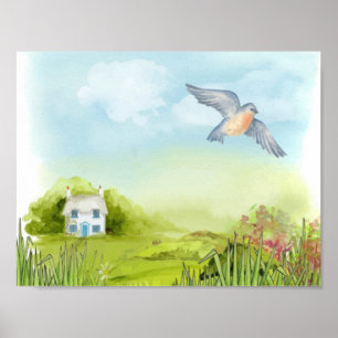 Tranquilblauwe vogel en kleine huisherrie poster