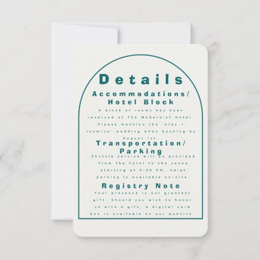 Transformative Teal Modern Craft Wedding Details Kaart (Voorkant)