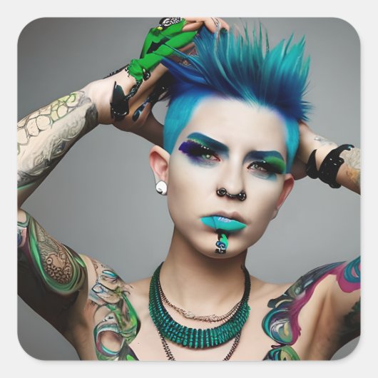 Transgender Persoon met Blue Mohawk Vierkante Sticker (Voorkant)