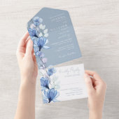 Transparant Bloemen Monogram Stoffig Blauw Bruilof All In One Uitnodiging (Afscheurbaar)