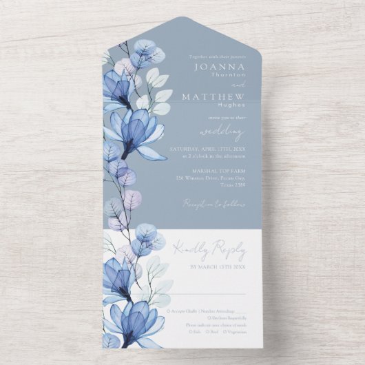 Transparant Bloemen Monogram Stoffig Blauw Bruilof All In One Uitnodiging (Binnen)