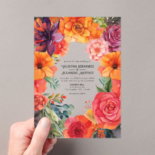 Transparant Kleurrijke Bloemen Mexicaanse Fiesta b Acryl Uitnodigingen (Insitu (Draagbaar))