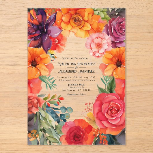 Transparant Kleurrijke Bloemen Mexicaanse Fiesta b Acryl Uitnodigingen (Voorkant)