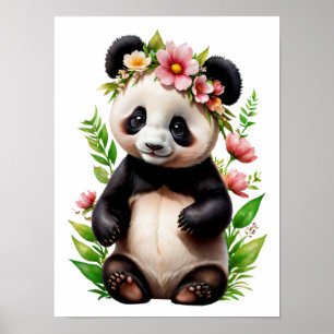 Transparant Panda Beer met bloemen Poster