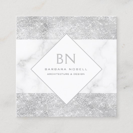 Transparant Shimmer Silver Marble Monogram Vierkante Visitekaartje (Voorkant)