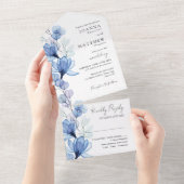 Transparant Stoffig Blauw Bloemen Monogram Bruilof All In One Uitnodiging (Afscheurbaar)