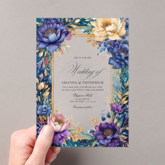 Transparante Blauwgroen, Paarse en gouden bloemenb Acryl Uitnodigingen (Insitu (Draagbaar))