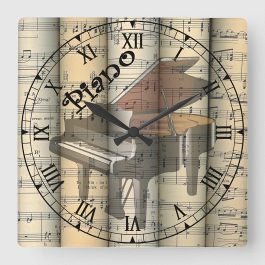 Transparante Piano ~ Rolled  vel Music ~ Vierkante Klok (Voorkant)