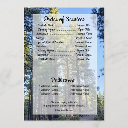 Transparante Pine Tree Forest Quote Foto's Begrafe Programma (Achterkant)