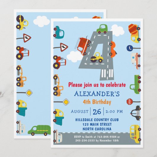 Transport 4e anniversaire Fête Invitation (Devant / Derrière)